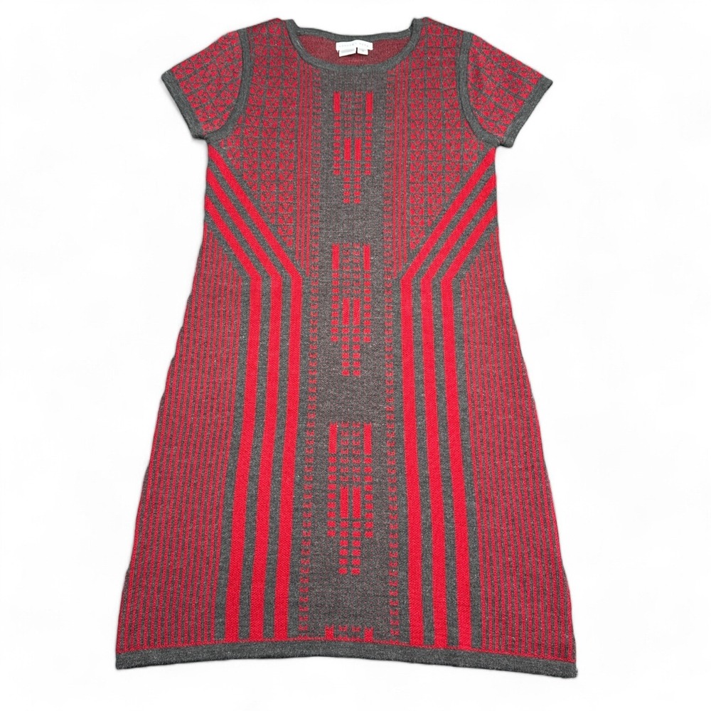London Times Dress Womens Size Medium Red Gray Knit Geometric Short Sleeve
